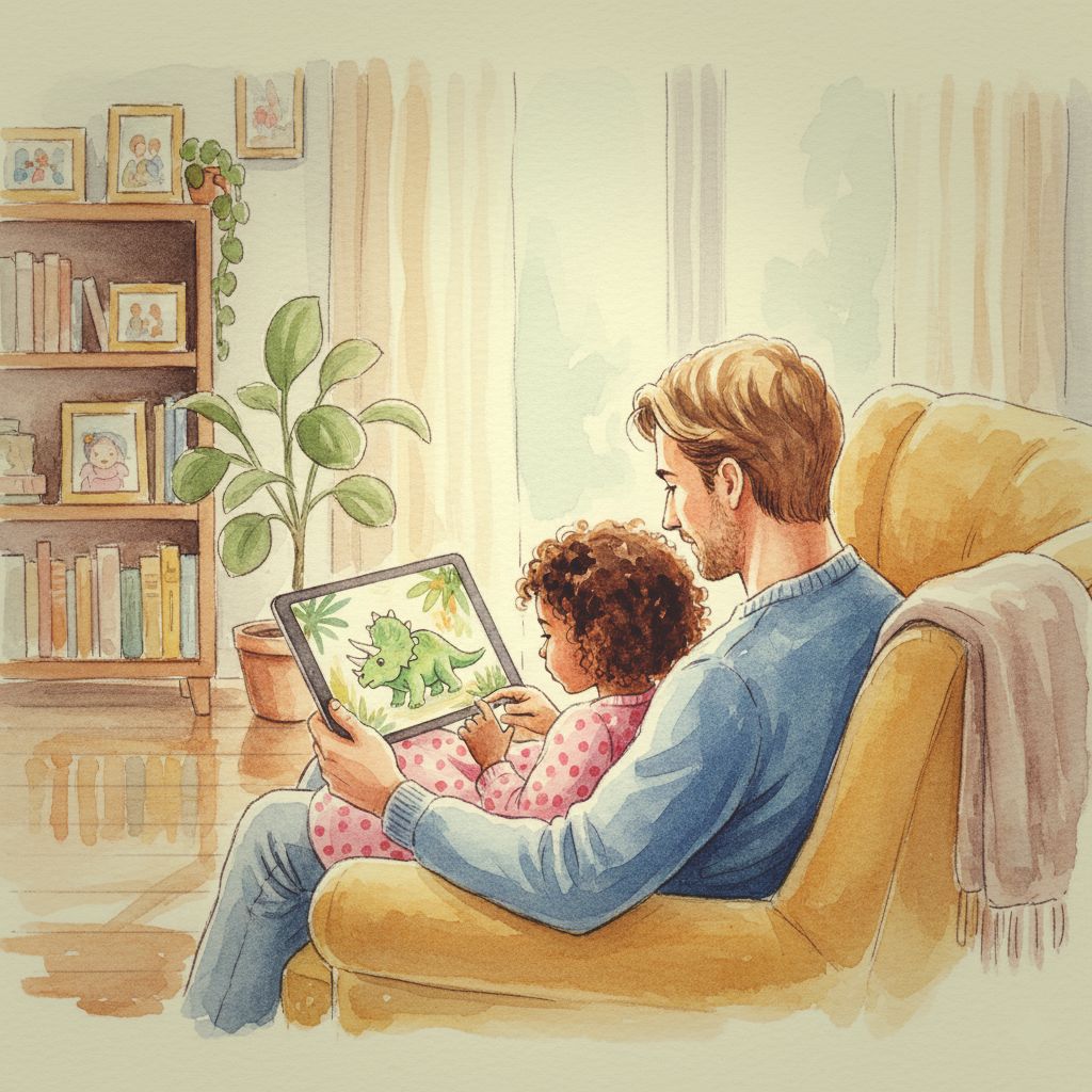 Father and daughter watching dinosaur video on tablet